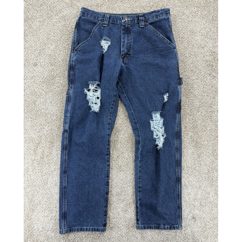 Wrangler Jeans Mens 30x30 Blue Denim Carpenter Straight Cut Distressed Stretch